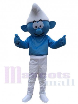 Elfo azul Traje de la mascota Dibujos animados con sombrero blanco