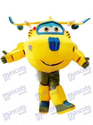 Avión amarillo y azul Donnie Super Alas Disfraz de mascota Dibujos animados